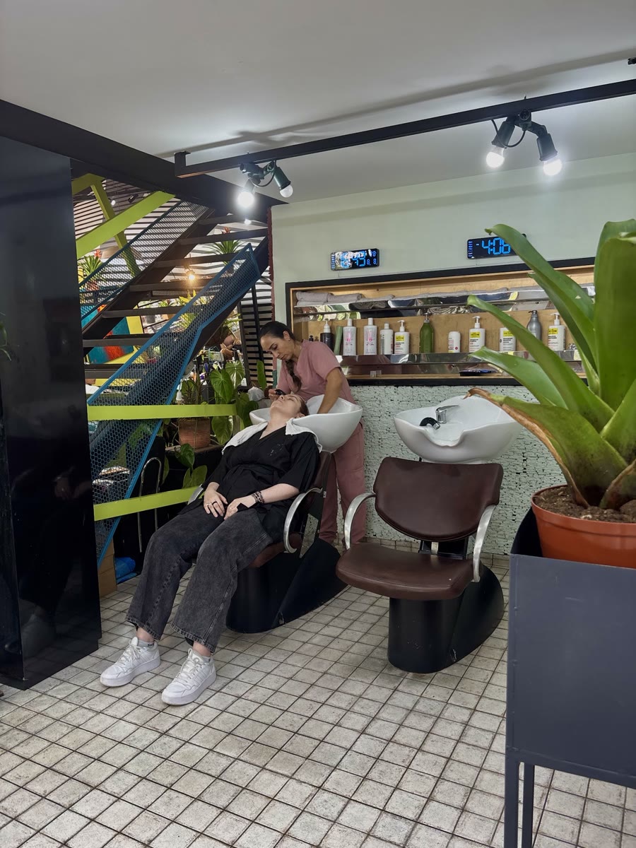 Zona de lavado con escalera verde y azul